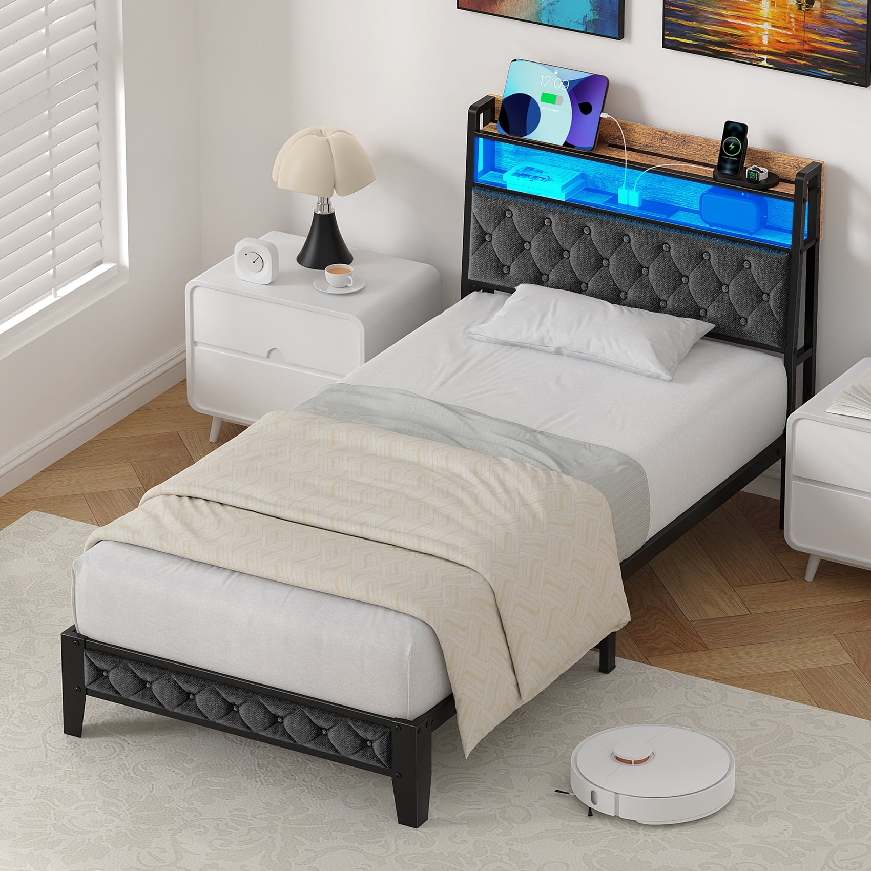 Frmobepts Twin Bed Frame with LED Light, Power Outlets & USB Charging Port, Upholstered Headboard with Storage, Metal Platform Bed, Gray