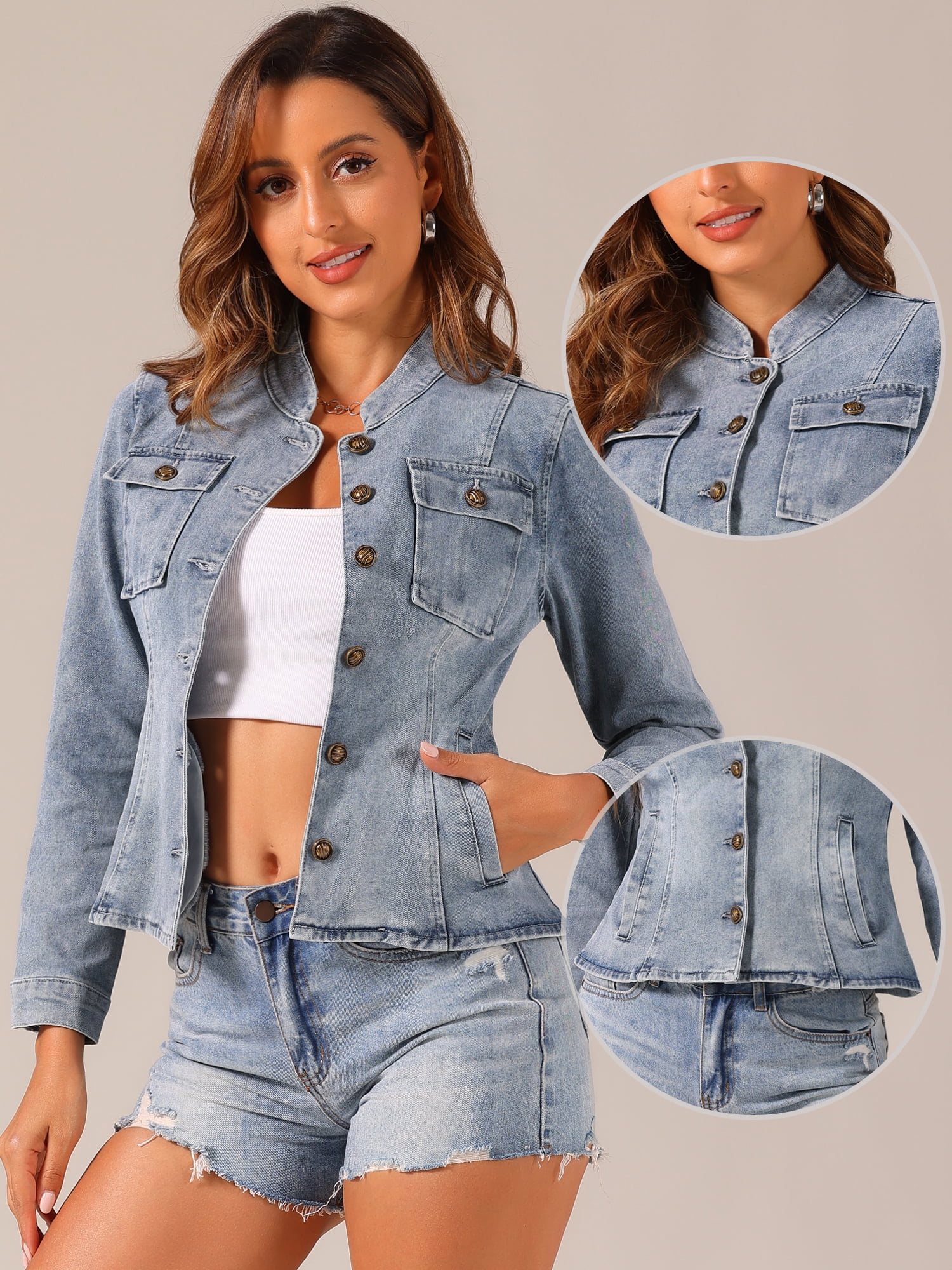 DARING DIVA Women's Classic Stand Collar Denim Jacket S Grey Blue