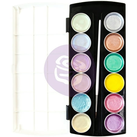 Metal Watercolour - Prima Metallic Accents Semi-Watercolor Paint Set-12 Pastel Cakes & Brush