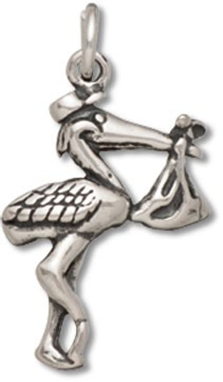Sterling Silver Womens 1mm Box Chain 3D Mini Standing Stork Carrying Baby Bundle Pendant Necklace 