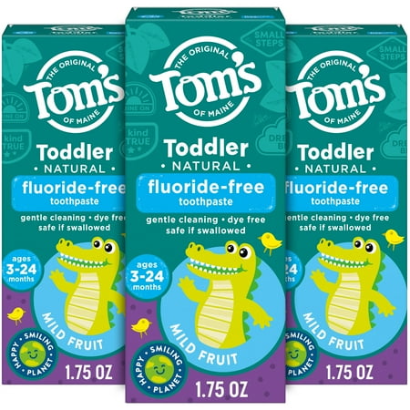 Tom's of Maine Fluoride-Free Toddler Training Toothpaste, Kids Toothpaste, Toddler Toothpaste, Mild Fruit, 1.75 Ounce, 3-Pack