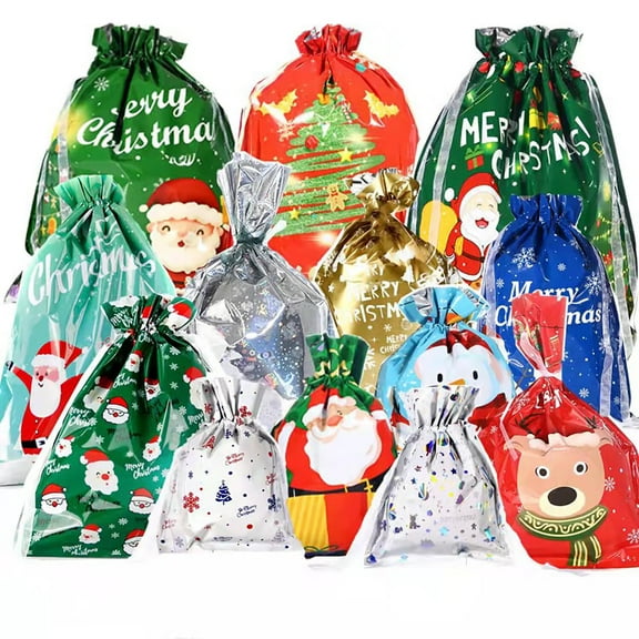 Gxrteck 45Pcs Christmas Gift Bags, Assorted Sizes for Holiday Presents, Drawstring Christmas Bags Small Medium Large for Gift Wrapping, Xmas Gift Bags with Tags Ribbon Ties, Christmas Party Supplies