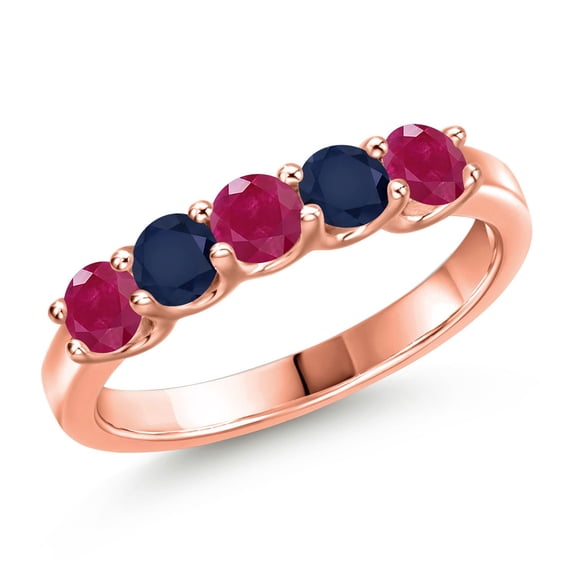 Gem Stone King 18K Rose Gold Plated Silver Red Ruby and Blue Sapphire Wedding-Bands Ring for Women | 1.19 Cttw | Round 3.5MM | Gemstone July Birthstone | Size 7