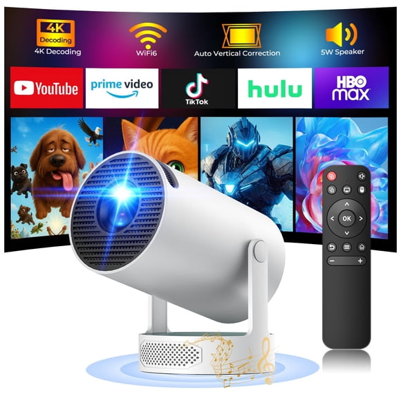 Mini Projector with WiFi and Bluetooth, 4K Projector with 5W Soundbase Speaker, Portable Projector for Bedroom, 300 ANSI Lumens Smart Projector, 270&