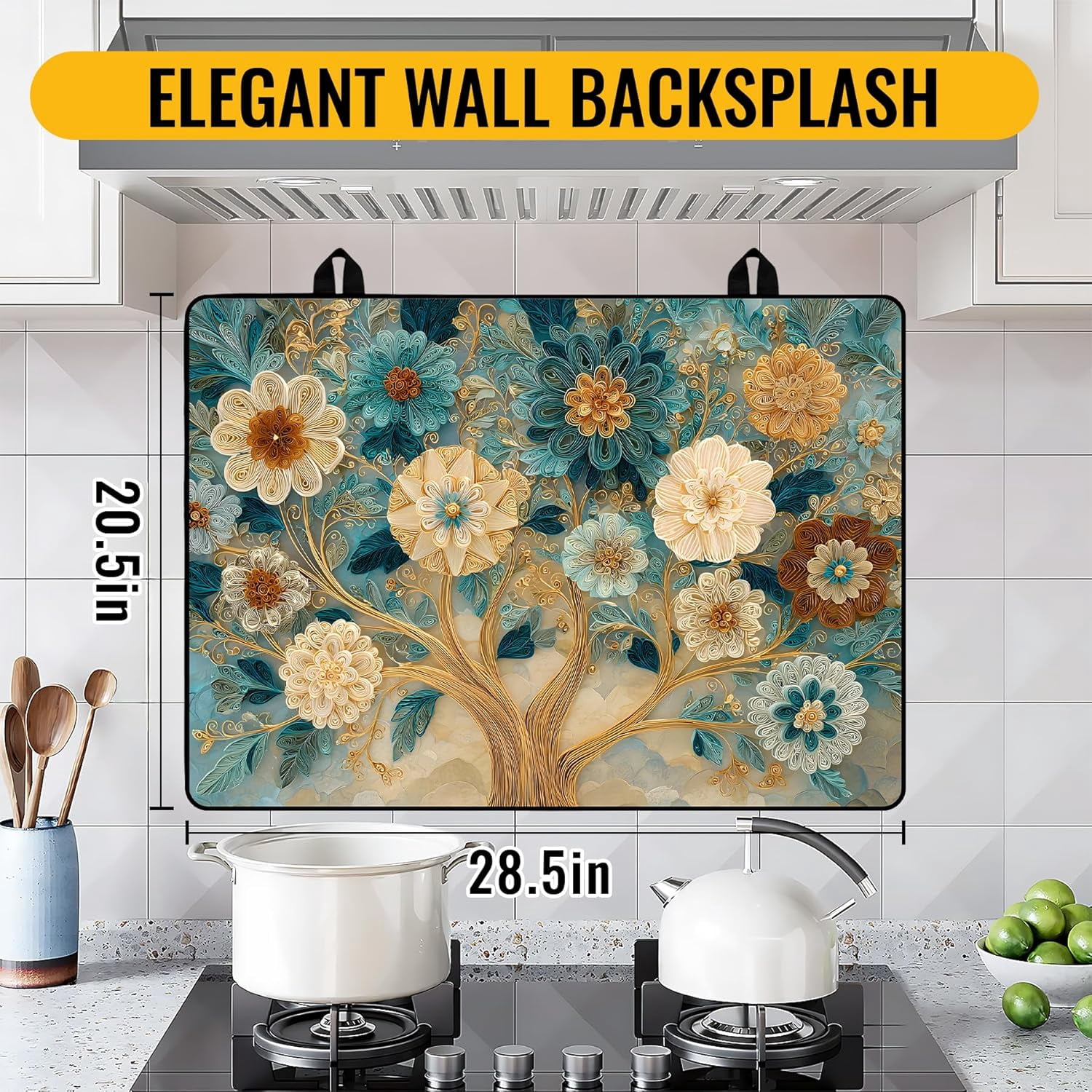 Stove Top Cover for Electric Stove 28.5x20.5 Inch Silicone Stove Topper & Protector, Decorative Kitchen Mat for Electric/Glass Stove Top (Cream & Gold Floral Tree)