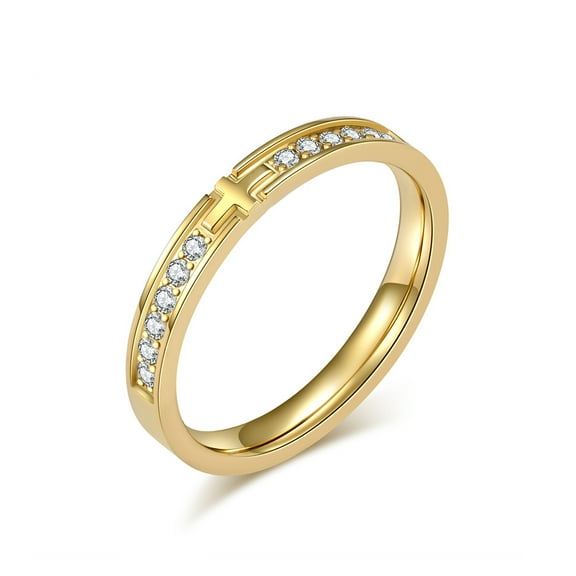 3mm Thin Stackable Ring 14K Yellow Gold Pave CZ Cross Wedding Band for Women Men
