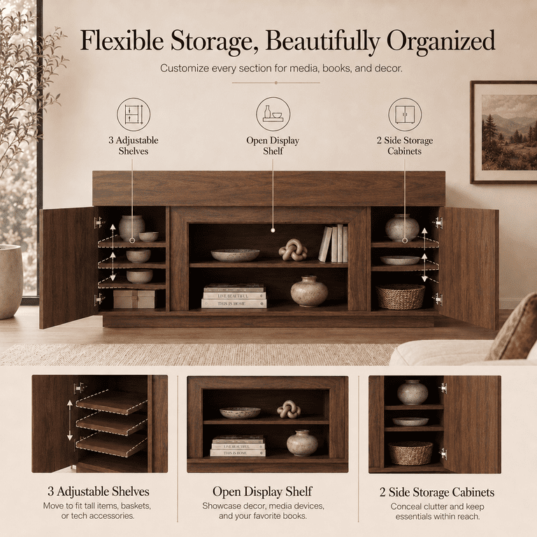 Lacoo 70-Inch TV Stand for 55-80 Inch TVs, Modern Entertainment Center with Storage Cabinets and Adjustable Shelves, Media Console for Living Room, Walnut