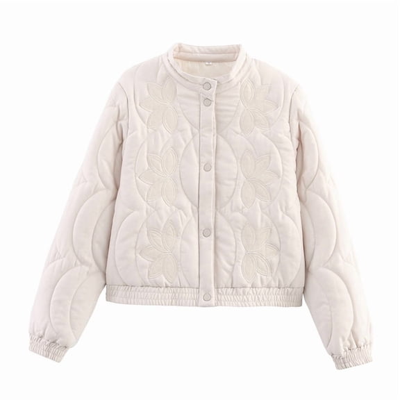 Womens Floral Embroidered Cropped Quilted Jacket Winter Warm Button Down Puffer Jacket Coat with Pockets Beige L