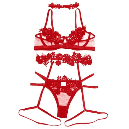 Audhol Garters for Women Underwire Bra Embroidery Thong Underwear Garter Belt G-String Neck Ring Garter Belt and Thigh Highs Set Red L