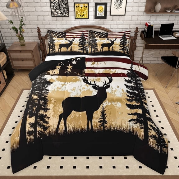 Manfei Black Deer 2pcs Bedding Comforter Set for Children Teens,USA Flag Twin Comforter Sets,Retro Graffiti Splash Breathable Bedding Set,Microfiber Bedroom Decor,Reversible