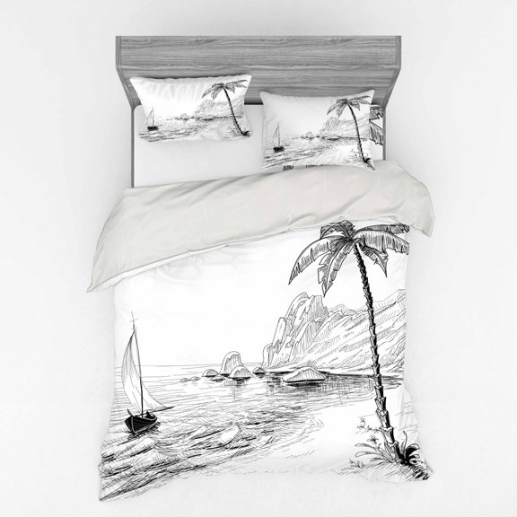 Ambesonne Black and White Bedding Set 4 Pcs, Sea Coast Holiday, Queen, Black White
