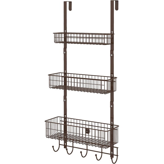 Over The Door Hanging Organizer Rack with 3 Mesh Baskets 5 Hooks, Brown