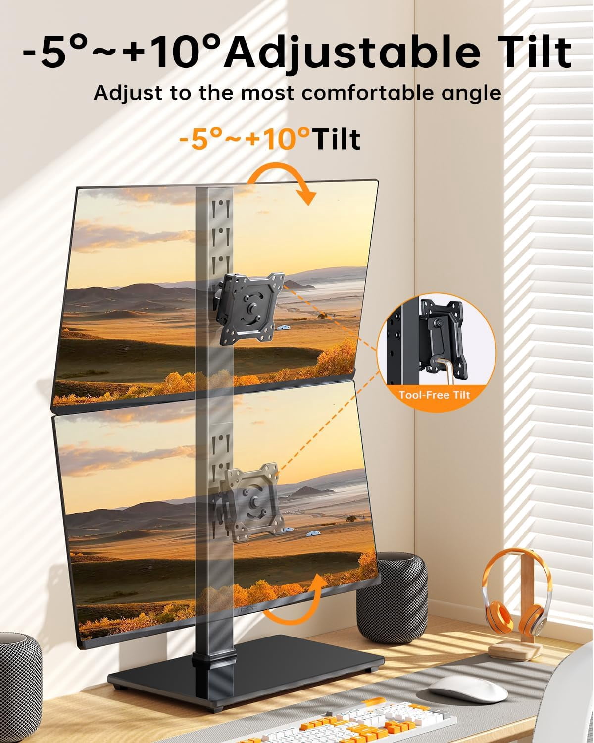 Dual Monitor Stand FreeStanding Desk Riser for 13-32 inch Screens with Swivel Tilt Rotation 4 Height Options Holds  to 77lbs VESA 75x75/100x100mm