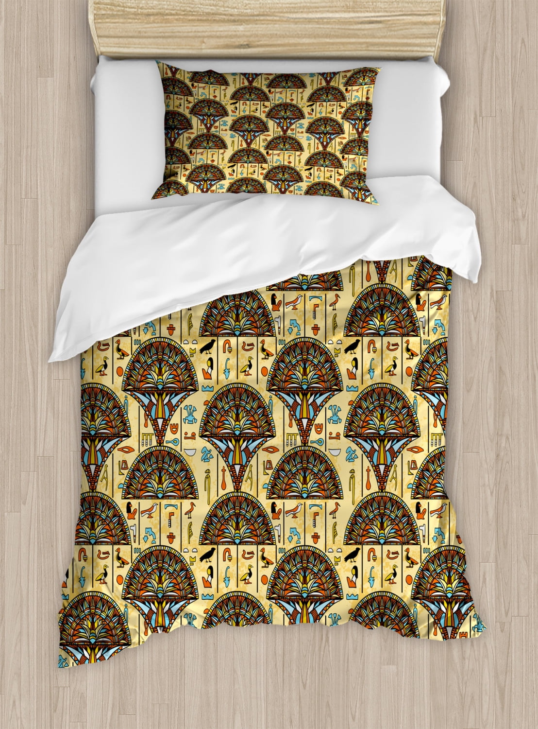 Egyptian Duvet Cover Set Twin Size, Colorful Folkloric Traditional