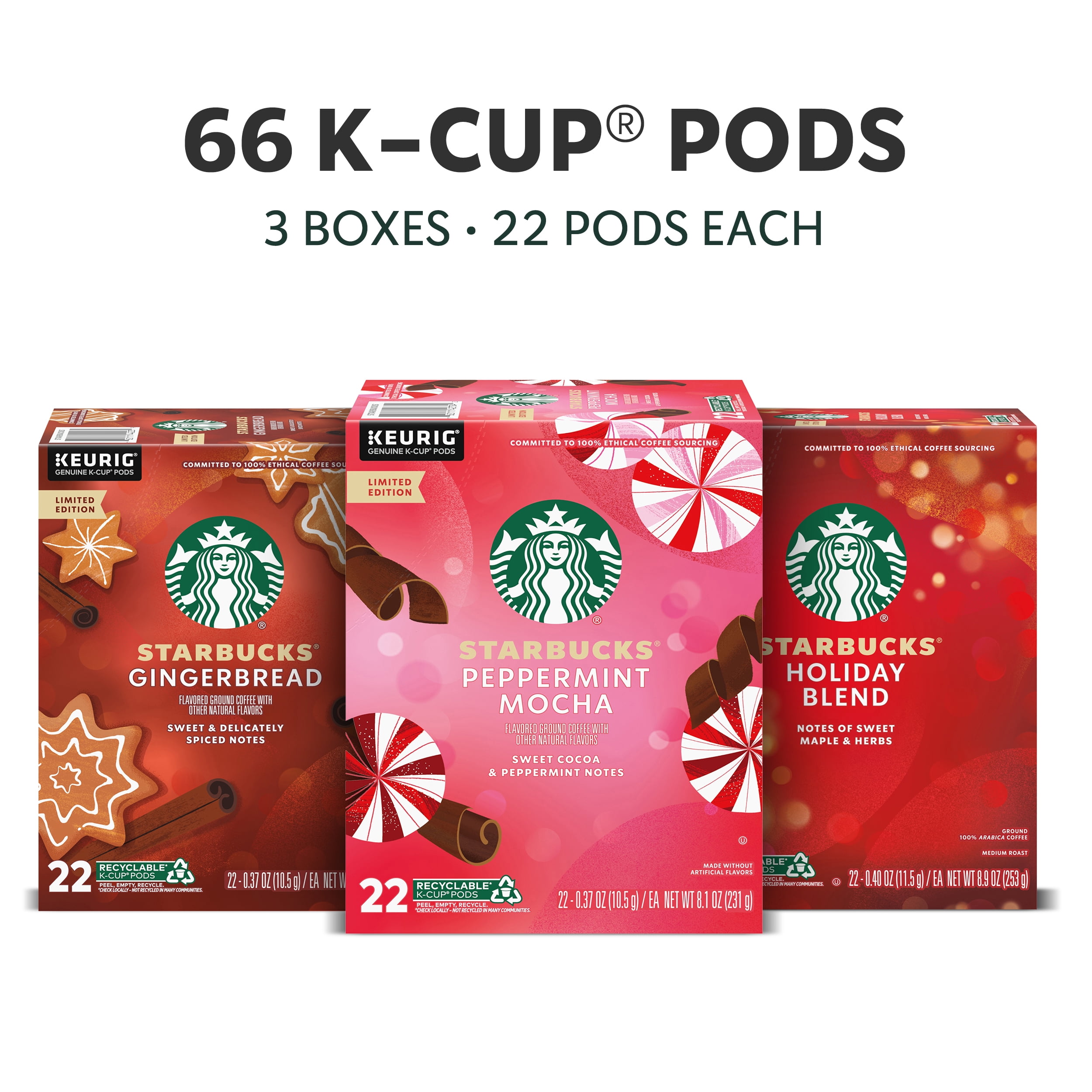 Starbucks Holiday Variety Pack, Medium Roast & Natural Flavored K-Cup Coffee Pods, 66 Ct