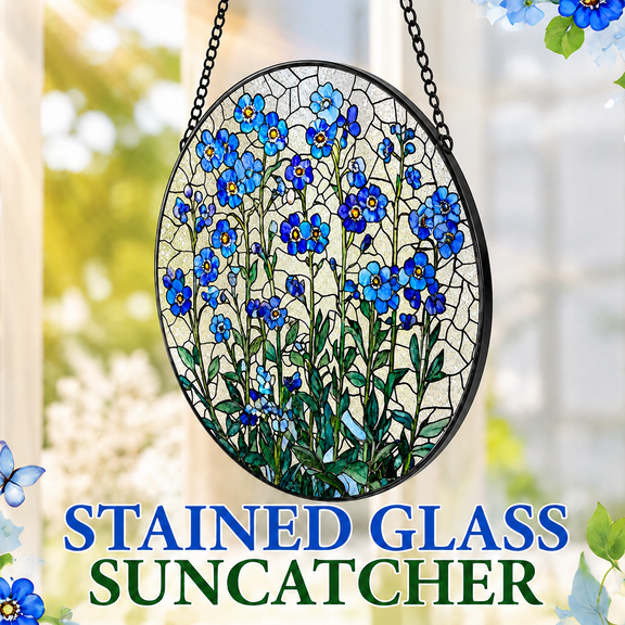 MORAVE 8 Inch Forget Me Not Flower Stained Glass Window Hanging, Stained Glass Suncatcher Window Decor, Plant Lover Gift for Women Couples Best Friend Family Colleague Classmate