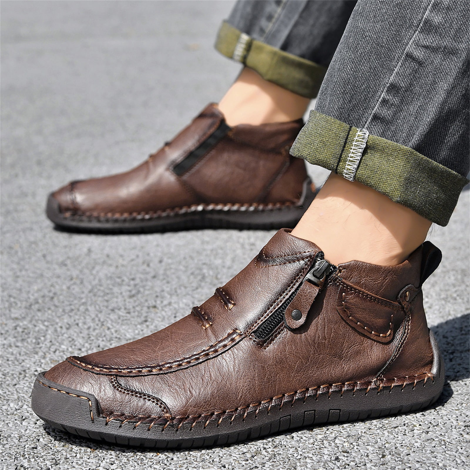 HTHLVMD Side Zipper Boots for Men, Men’S Slip-On Orthopedic Leather Boots,Men’S Handmade Premium Leather Slip-On Driving Boots,Men Side Zipper Orthopedic Shoes for Driving Hiking, Brown 6