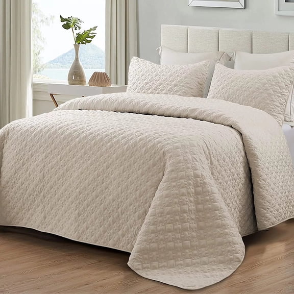Whale Flotilla Quilt Set Queen Size, Soft Microfiber Lightweight Bedspread Coverlet Bed Cover (Diamond Pattern) for All Seasons, Bone, 3 Pieces (Includes 1 Quilt, 2 Shams)