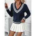 thumbnail image 6 of Womens V Neck Oversized Sweaters Long Sleeve Cable Knit Pullover Striped Chunky Sweater Casual Tunic Tops Navy Blue S, 6 of 8