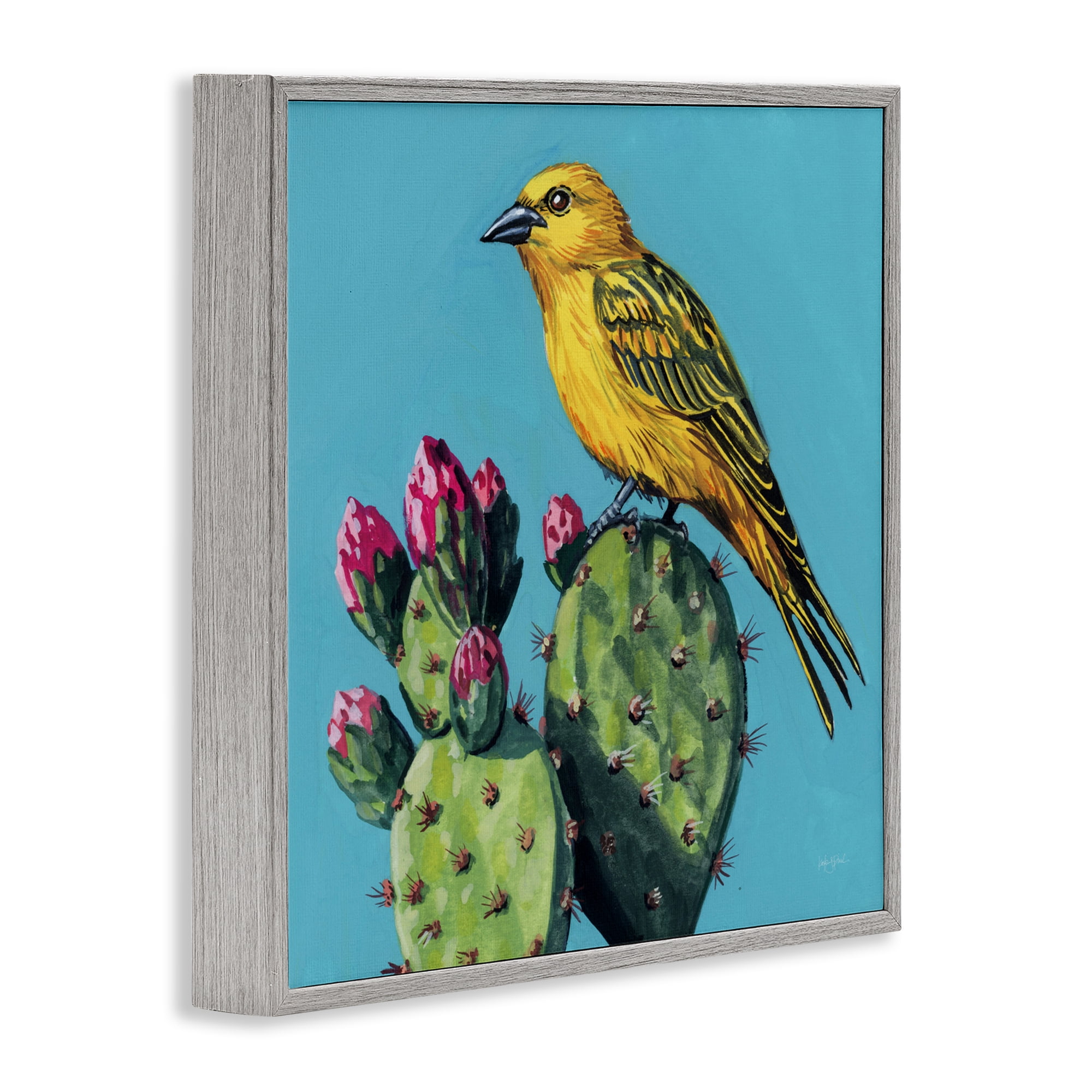 Stupell Industries Yellow Bird on Cacti Bloom Gray Framed Giclee Art, design by Kate Jarvik Birch