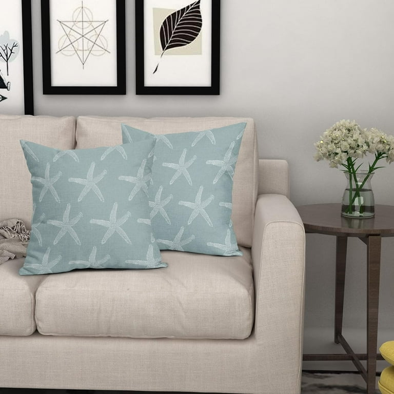 Seafoam Blue Starfish Pillow Covers 16x16 – Set Of 2 Coastal Beach Decor Cushion Cases For Sofa, Bed, Chair