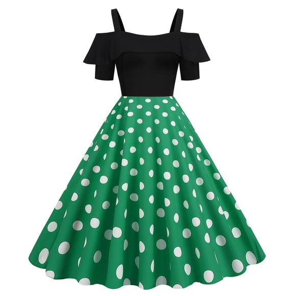 FAIWAD Robe Cocktail Vintage des Années 1950 pour Femme, Robe à Pois à Épaules Dénudées avec Bretelles, Robe d'Été Fluide à Empiècements