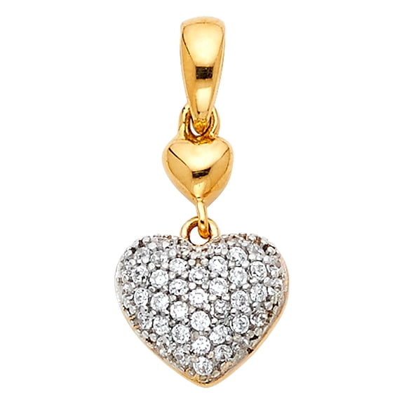 Heart Charm CZ Solid 14k Yellow Gold Two Hearts Pendant Bubble Pave Set Style Polished Fancy 9 x 13 mm