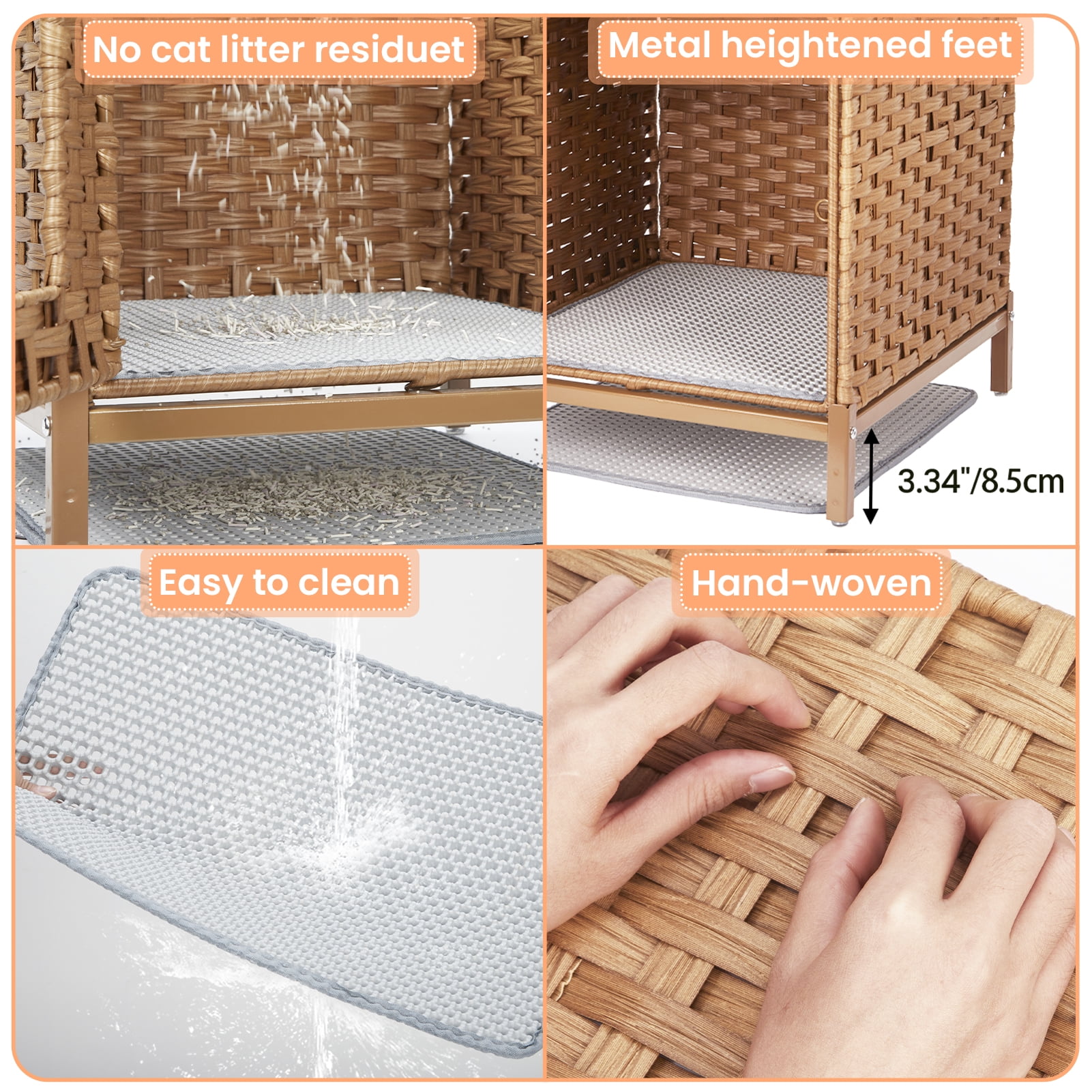 Hidden Cat Litter Box Furniture with Rattan Handwoven Design, Elevated Metal Feet, Enclosed Cat House for Bedroom and Living Room