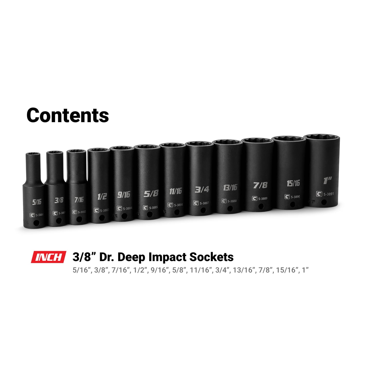 Capri Tools 3/8 in. Drive Deep Impact Socket Set, 12-Point, SAE, 5/16 to 1 in., 12-Piece