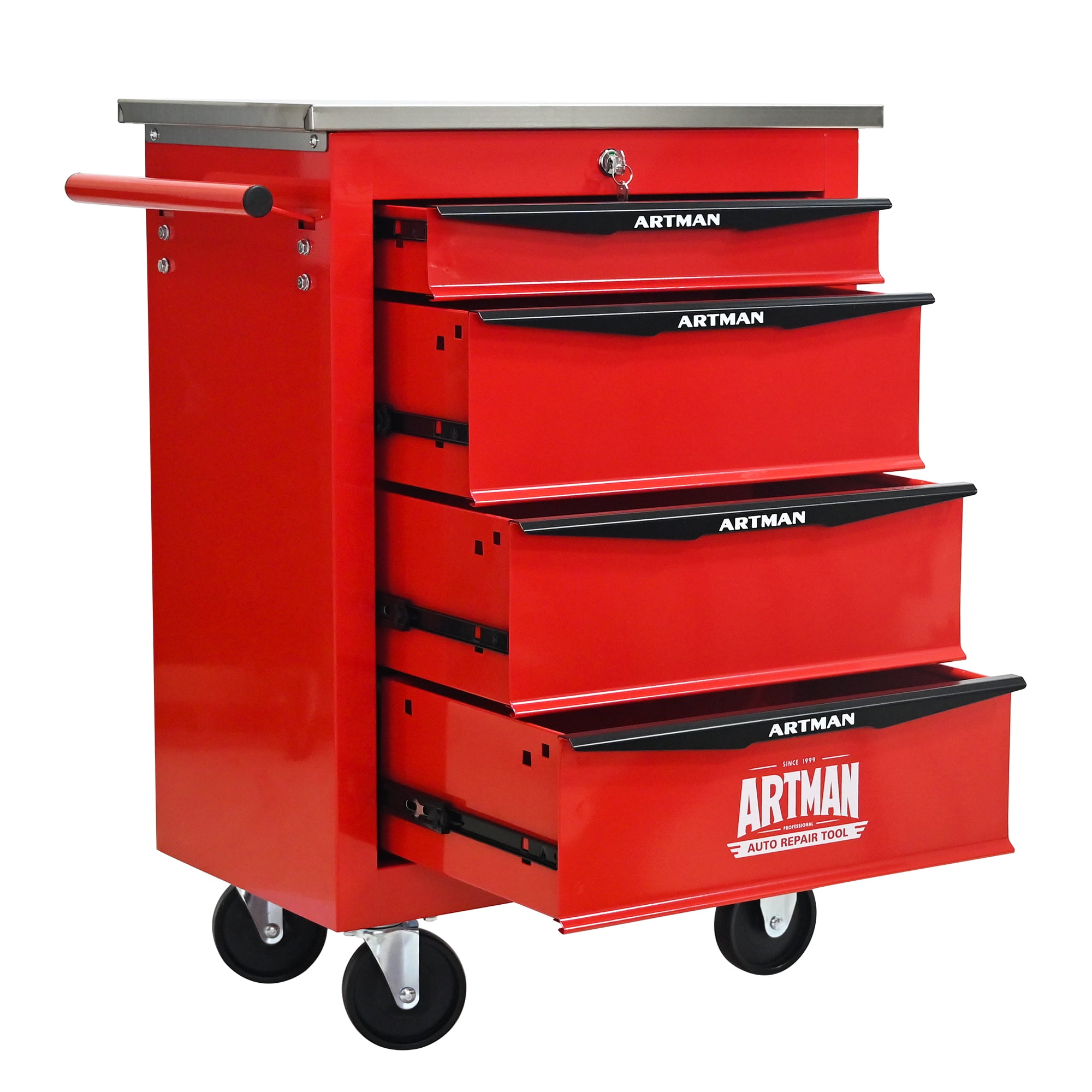 ARTMAN 4 Drawers Steel Storage Rolling Tool Chest Cabinet Cart with Wheels and Stainless Steel Roof for Workshop Garage Warehouse
