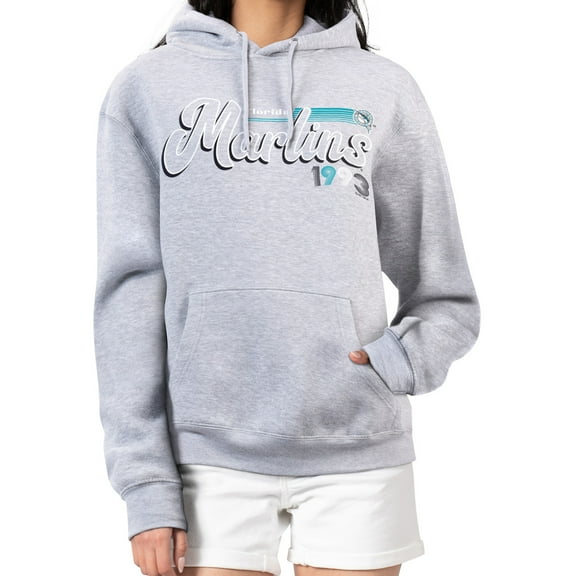 Women's Starter  Gray Florida Marlins Cooperstown Collection Groovy Script Team Fleece Pullover Hoodie
