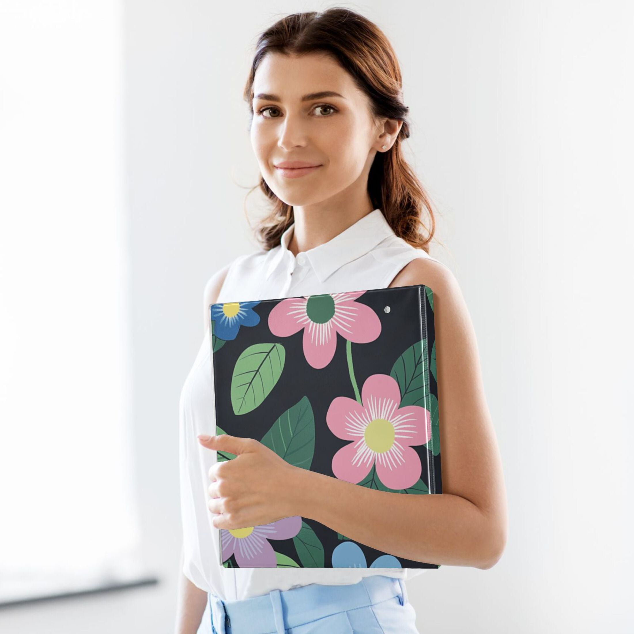 Pink Blue Wildflowers 3 Ring Binders 1.5 inch Hardcover File Folders with Interior Pockets A4 Size Organizer for School Office Hospital