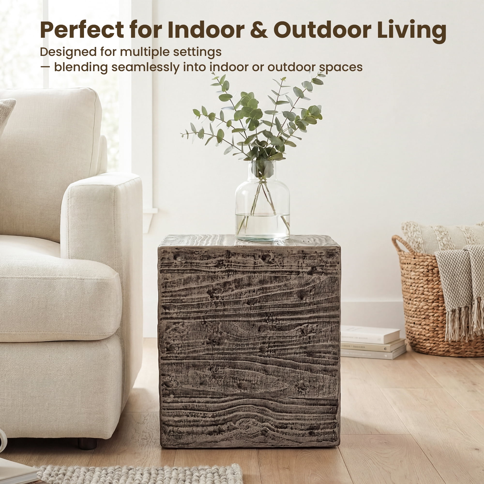 MOALCOFER Concrete Outdoor side table with Faux Wooden,Small Patio Accent Table