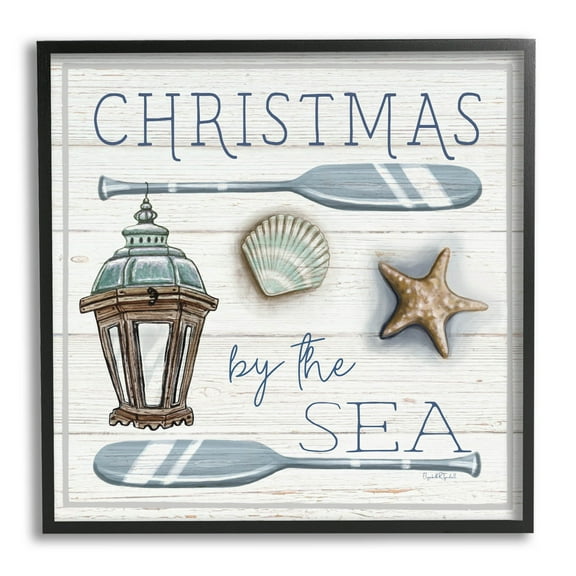 Stupell Industries Christmas By The Sea Phrase Graphic Art Black Framed Art Print Wall Art, Design by Elizabeth Tyndall