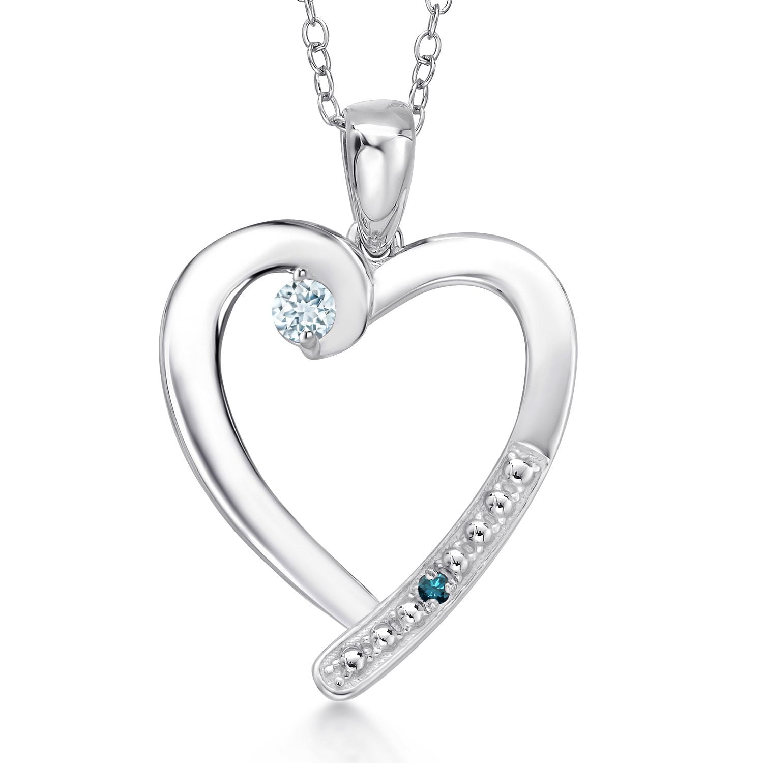 Gem Stone King 925 Sterling Silver Sky Blue Aquamarine and Blue Diamond Heart Pendant Necklace for Women | 0.19 Cttw | Gemstone March Birthstone | Round 3.5MM | With 18 inch Chain