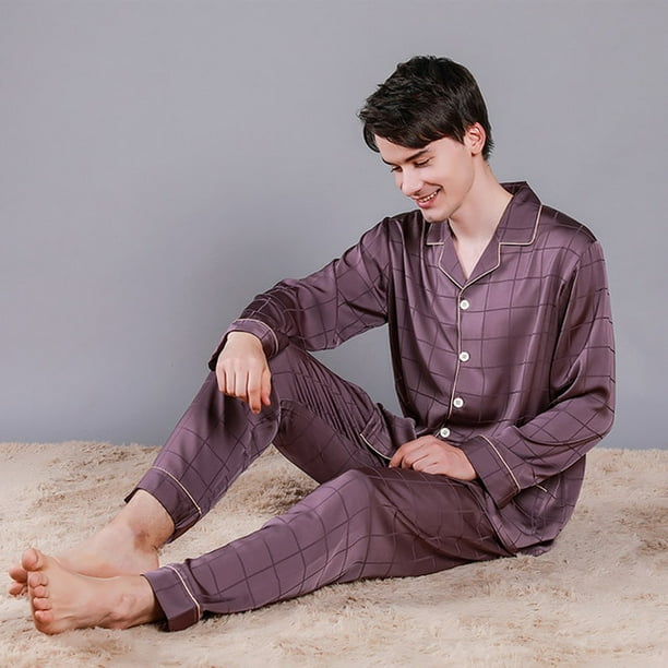 VOIANLIMO Men Luxurious Ice Silk Pajamas Spring Summer High