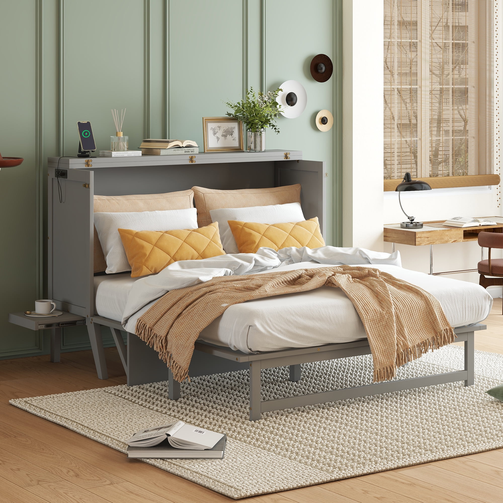 Sailvan Queen Size Murphy Bed with USB Port Shelves on Each Side, Solid Pine Murphy Cabinet Bed
