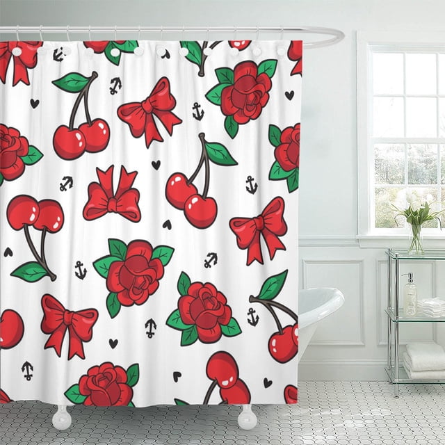 ABPHQTO Cortina de ducha de poliéster con parches y alfileres de lazo de cereza rosa de la vieja escuela 152x180 cm