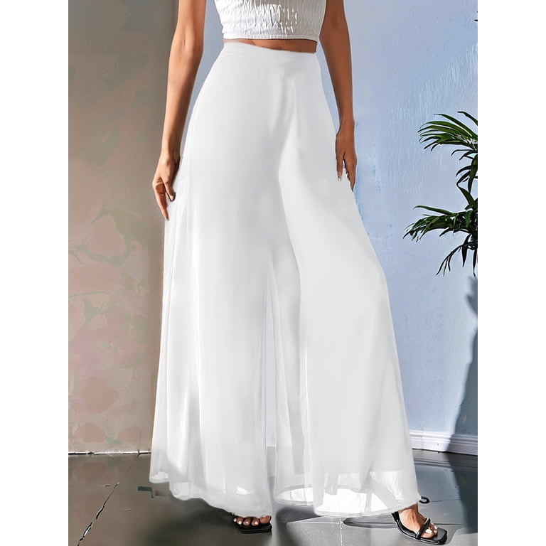 white chiffon dress pants White Chiffon Wide-Leg Pants | High Waist, Lined & Split