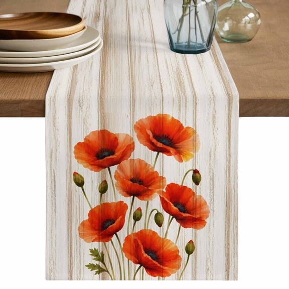 Table Runners 36 Inches Long Dress Scarves, Spring Floral Farmhouse Kitchen/Dining Table Decor Table Runner, Short Coffee Tablerunners, Red Poppy Flower Plants Wood Grain Beige 13x36 Inch