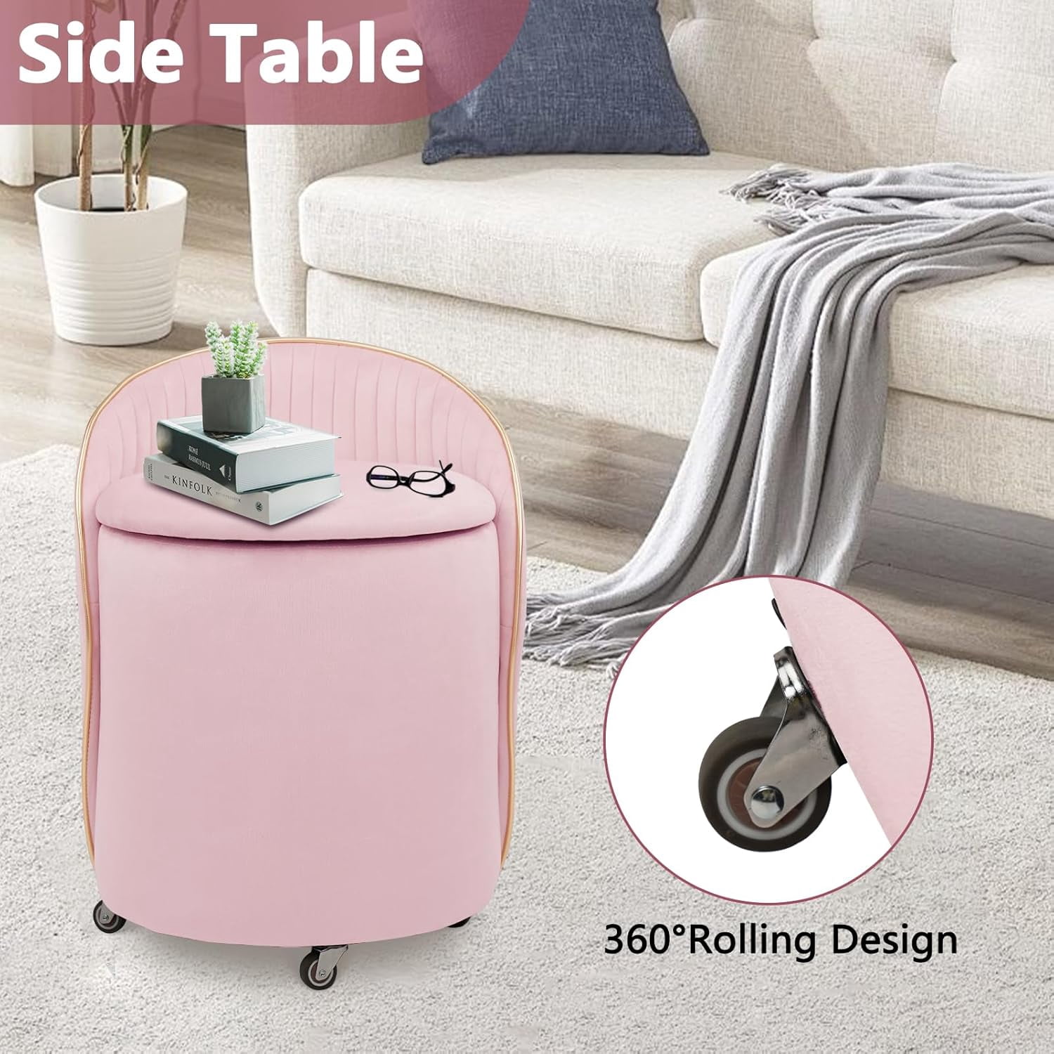 Round Storage Ottoman, Upholstered Velvet Vanity Stool with Lumbar Support, Swivel Rolling Wheels, Small Foot Stools Coffee Table Padded Seat for Makeup Room, Living Room, Bedroom (Pink)