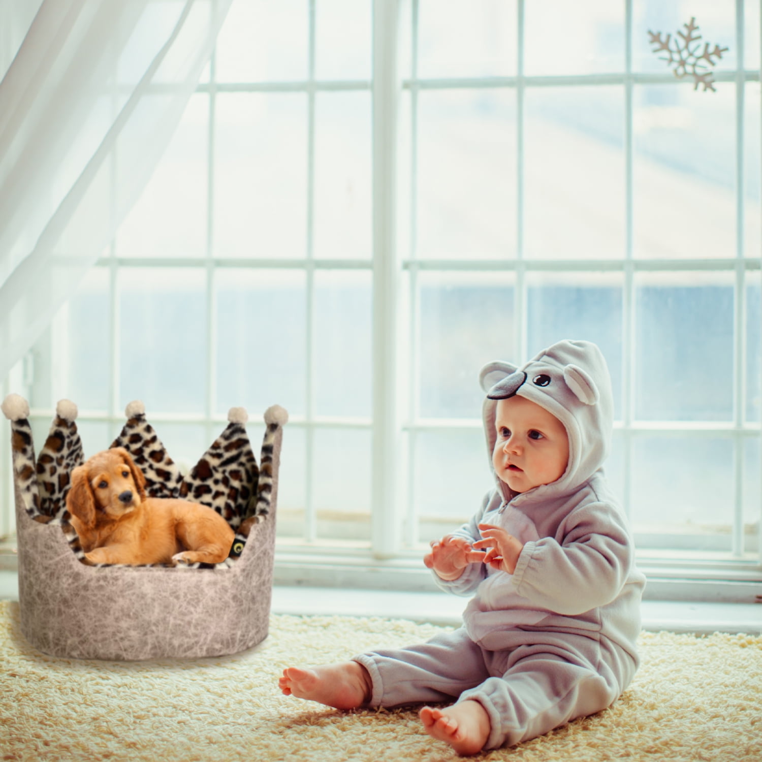 Precious Tails Luxury Leopard Print Crown-Shaped Bed for Small Dogs and Cats - Cozy, Stylish, and Plush Pet Bedding with Royal Design