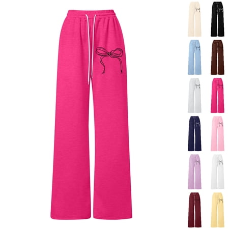 Bmisegm Wide Leg Sweatpants Girls Bow Drawstring Loose Fit Lightweight Straight Leg Athletic Casual Pants for Playful Comfort Everyday Wear Workout Pants 4-13 Years 02_Hot Pink 140