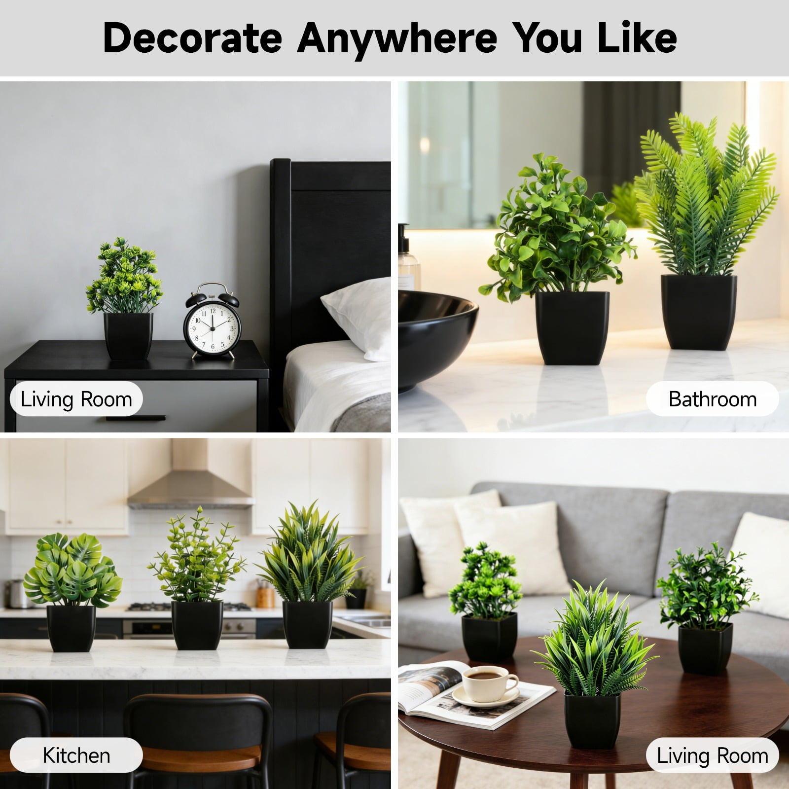 12 Pcs Fake Plants in Black Pots, Mini Artificial Eucalyptus Potted Plants, Small Realistic Faux Greenery Fern Plants for Living Room, Bathroom, Office Table Decor