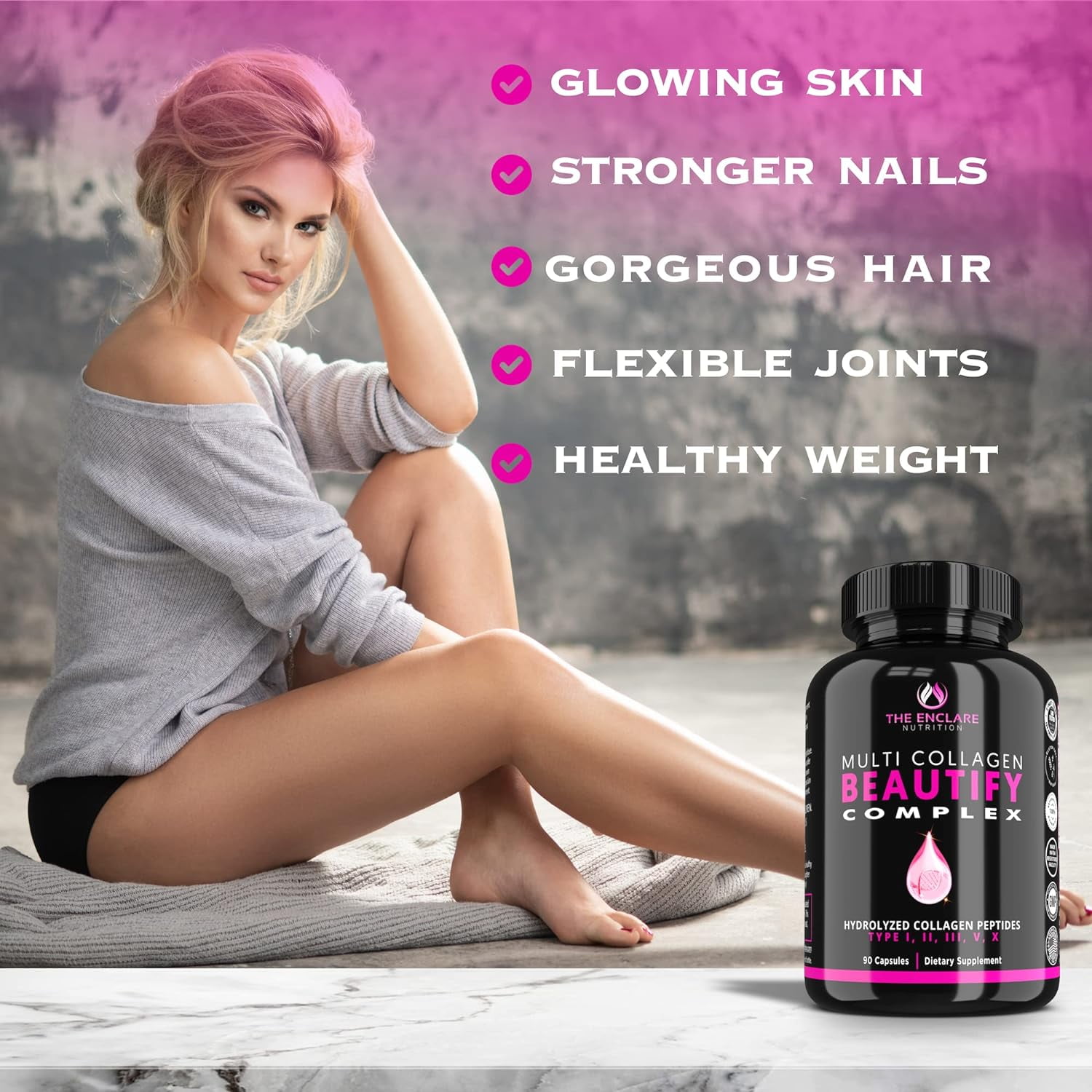 The Enclare Nutrition Multi Collagen Complex Hydrolyzed Collagen Peptides Capsule, 90ct with Box