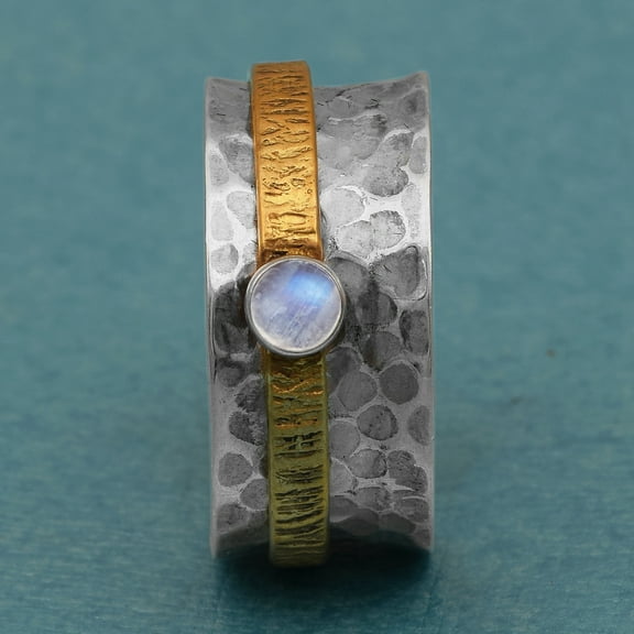 3MM Round Moonstone 925 Silver Anti Stress Men Women Spinner Band Ring