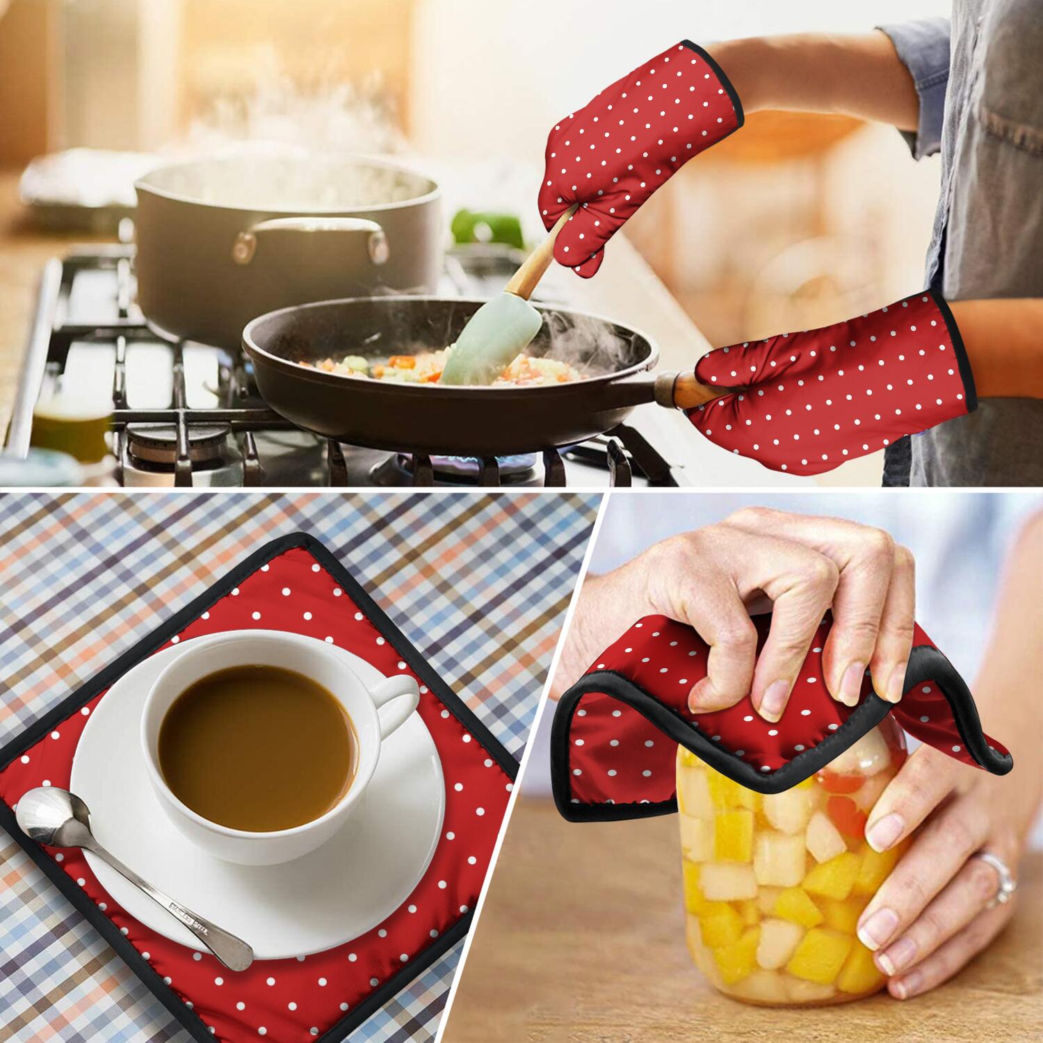 Oven Mitts and Pot Holders Set Of 4, Heat Resistant Kitchen Gloves with Non-Slip Grip, Hanging Loop, Soft Cotton Lining for Baking, Cooking, Grilling, Barbecue