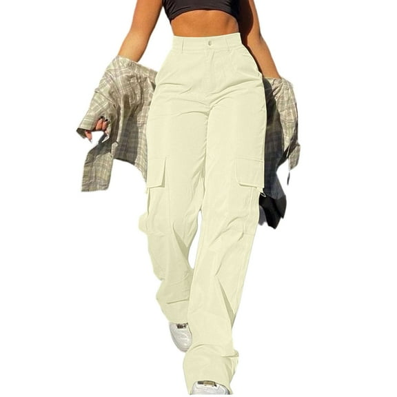 BRDFRL Parachute Pants for Womens Wide Leg Cargo Pants Y2k with Pockets Baggy Casual Harajuku Streetwear Beige XL