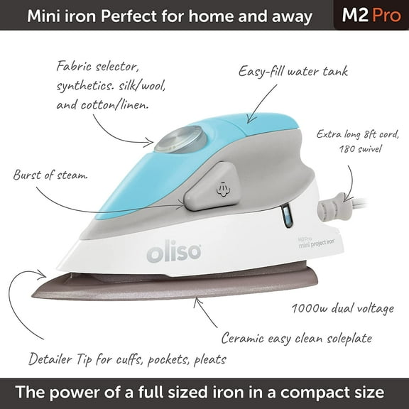 M2Pro Mini Steam Iron with Solemate  1000 Watt Dual Voltage Travel Iron for Sewing, Quilting, and Crafting  Ceramic Soleplate, Precision Tip  Turquoise