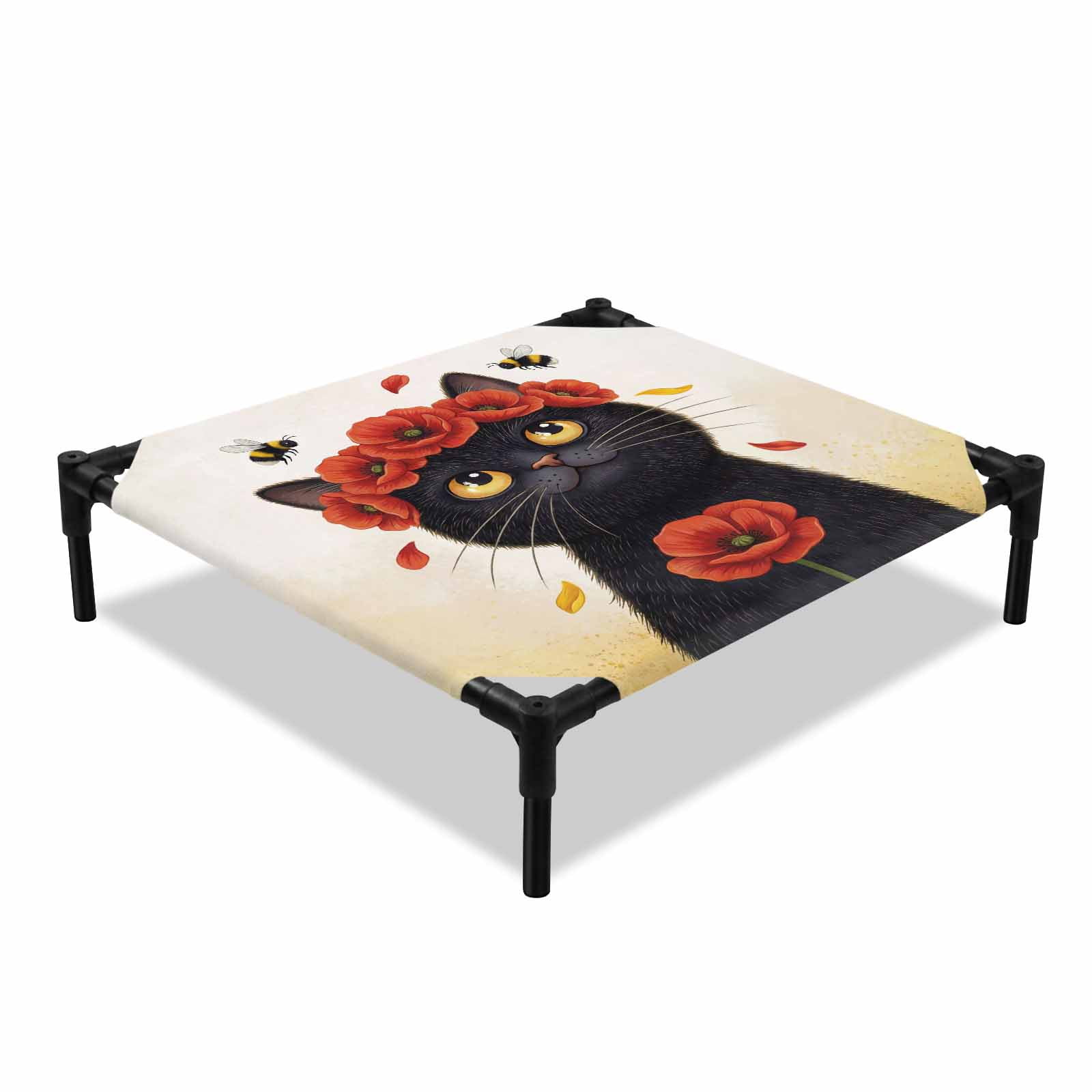 Cute Black Cat Elevated Dog Bed Red Flower Bee Country Style Fields Plant Cooling Breathable Outdoor Raised Dog Cot Bed with Metal Frame Non-Slip Feet for Small Dog 20x20in